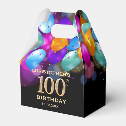 100th Birthday Partyブラック&金ゴールドバルーン フェイバーボックス (正面サイド)