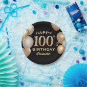 100th Birthday Partyブラック&金ゴールドバルーン ペーパープレート (パーティー)