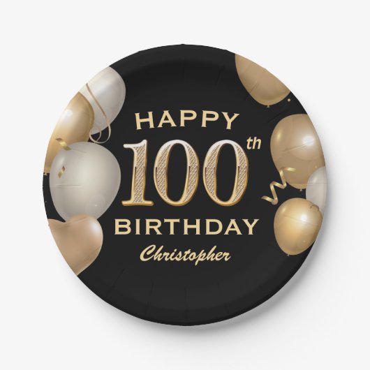100th Birthday Partyブラック&金ゴールドバルーン ペーパープレート (正面)