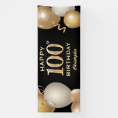 100th Birthday Partyブラック&金ゴールドバルーン 横断幕 (縦)
