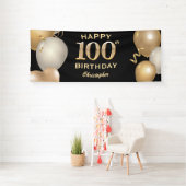 100th Birthday Partyブラック&金ゴールドバルーン 横断幕 (インサイチュ)