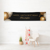 100th Birthday Partyブラック&金ゴールドバルーン 横断幕 (インサイチュ)