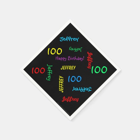 100th Birthday Party繰り返し名前黒紙 スタンダードカクテルナプキン (角)