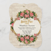 100th Birthday Party金ゴールドグリッターヴィンテージバラ 招待状 (正面/裏面)