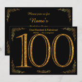 100th Birthday party，ギャツビー，素晴らしブラック金ゴールドグリット 招待状 (正面/裏面)