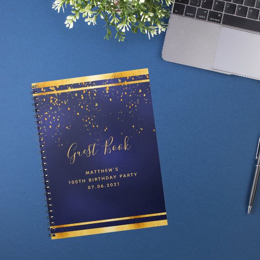 100th Birthday Party 100ダークブルー金ゴールドゲストブック ノートブック