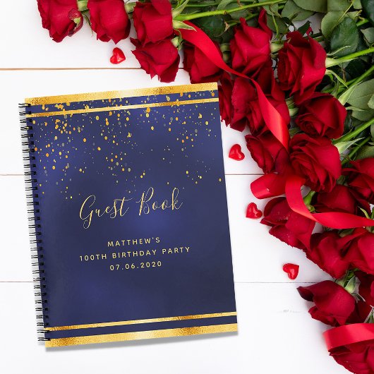 100th Birthday Party 100ダークブルー金ゴールドゲストブック ノートブック