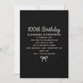 100th Birthday Party Black White Pearl Script Bow 招待状 (正面)