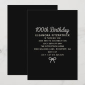 100th Birthday Party Black White Pearl Script Bow 招待状 (正面/裏面)