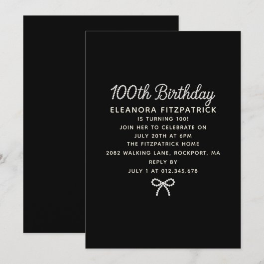 100th Birthday Party Black White Pearl Script Bow 招待状 (正面/裏面)