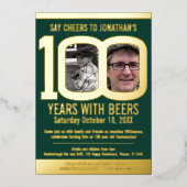 100th Birthday party cheer beers green gold photos 箔招待状 (正面)