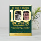100th Birthday party cheer beers green gold photos 箔招待状 (立ち正面)