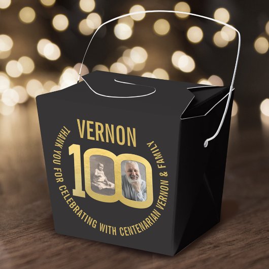 100th Birthday party custom photo favor black gold フェイバーボックス