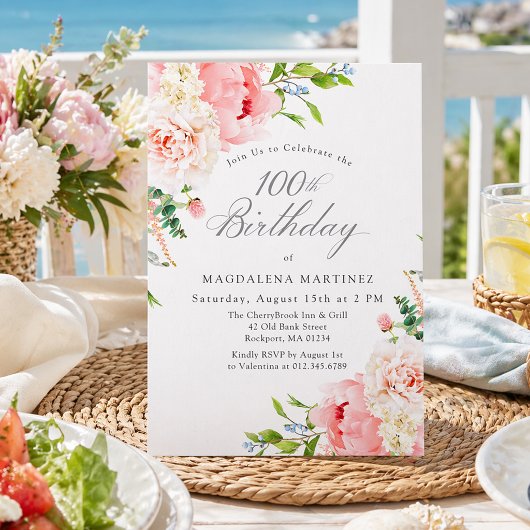 100th Birthday Party Feminine Pink Roses Floral 招待状