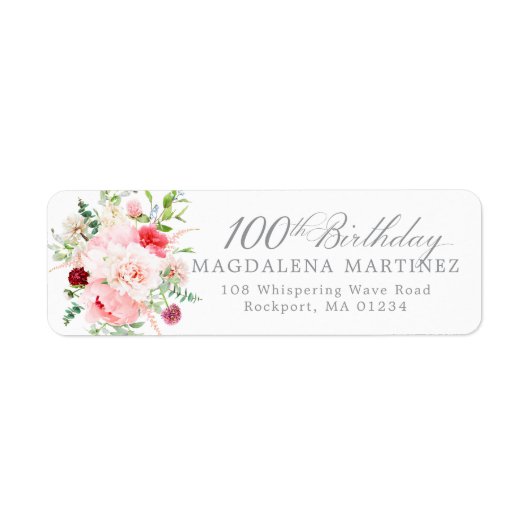 100th Birthday Party Floral Return Address Label ラベル (正面)