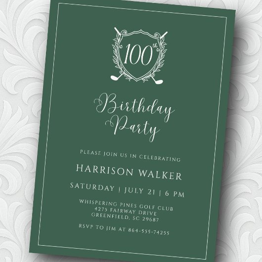 100th Birthday Party Golf Crest Elegant Script 招待状