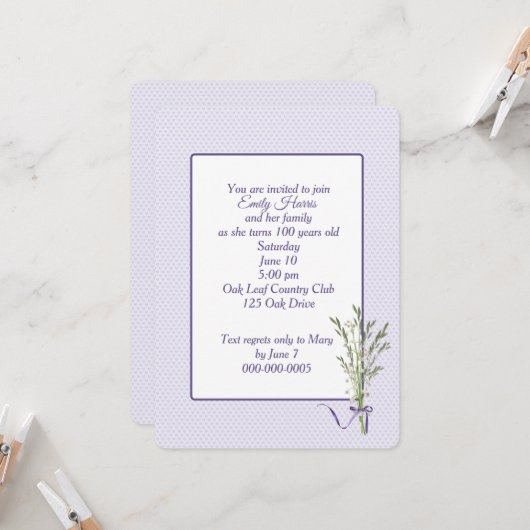 100th Birthday Party Hearts and Lily of the Valley 招待状 (正面/裏面インサイチュ)