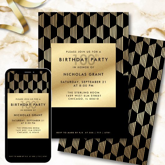 100th Birthday Party Modern Black and Gold Foil 招待状
