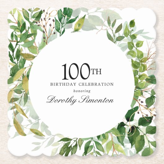 100th Birthday Party Modern Green Botanical ペーパーコースター (正面)