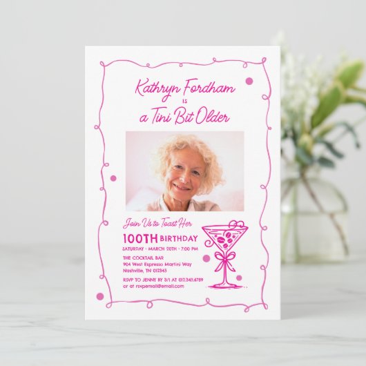 100th Birthday Party Photo Espresso Martini 招待状 (スタンド正面)