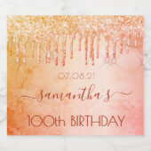 100th Birthday party pink rose金ゴールドグリッター名 スパークリングワインラベル (シングルラベル)