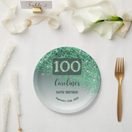 100th Birthday Party Sparkle Green Glitter ペーパープレート