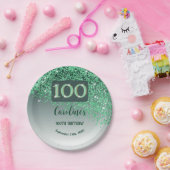 100th Birthday Party Sparkle Green Glitter ペーパープレート (パーティー)