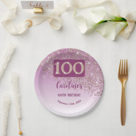 100th Birthday Party Sparkle Rose Gold Glitter ペーパープレート