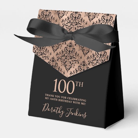 100th Birthday Rose Gold Damask Thank You フェイバーボックス (正面サイド)