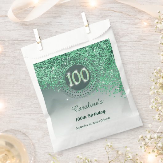 100th Birthday | Sparkling Green Gold Glitter フェイバーバッグ (クリップ留めされた状態)