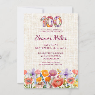  100th Birthday Wildflowers - Floral Number 招待状
