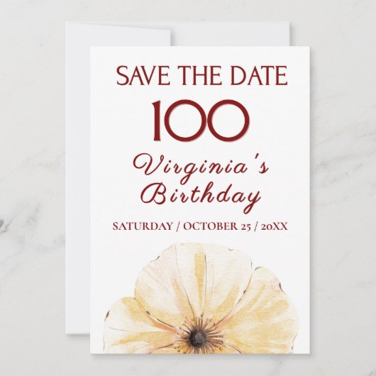 100th Birthday Yellow Flower, Modern Save the Date (正面)