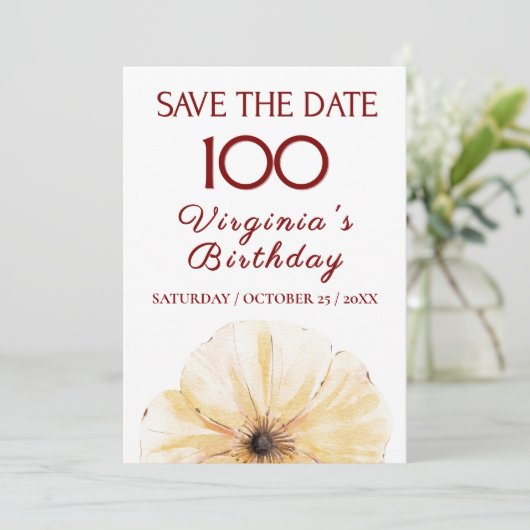 100th Birthday Yellow Flower, Modern Save the Date (スタンド正面)