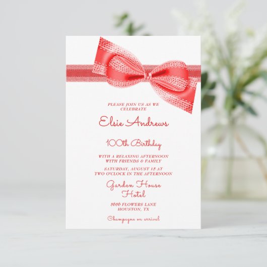 100th Centenarian Red Bow & Ribbon Birthday 招待状 (スタンド正面)