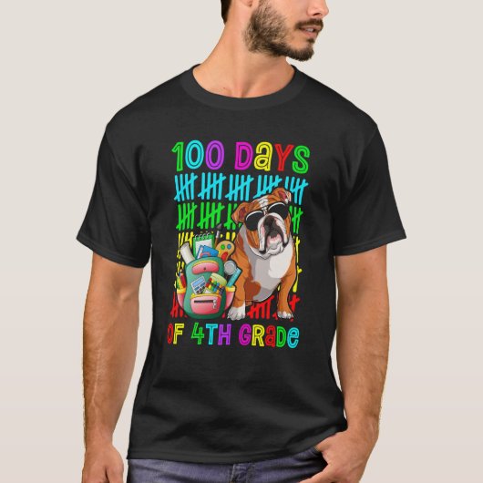 100th Day Of 4th Grade Boys Kids English Bulldog D Tシャツ (正面)