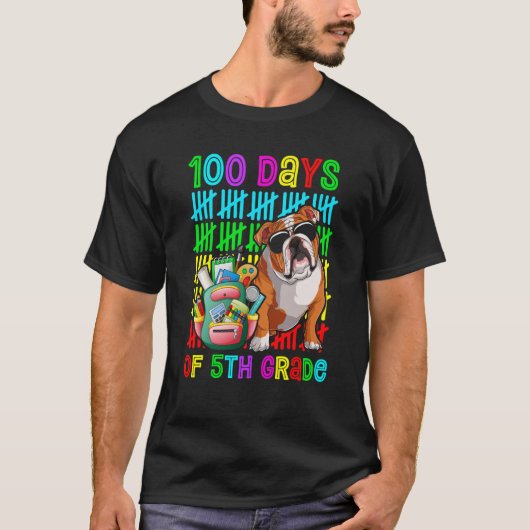 100th Day Of 5th Grade Boys Kids English Bulldog D Tシャツ (正面)