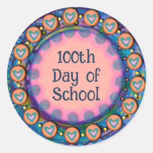 100th Day of School Blue anyハート先生 ラウンドシール