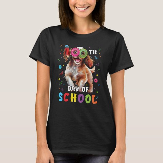 100th Day Of School Spaniel Dog Donut 100 Days Stu Tシャツ (正面)