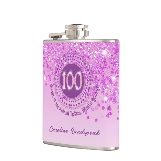 100th & Pink Glitter & Drinking Quote フラスク (左)