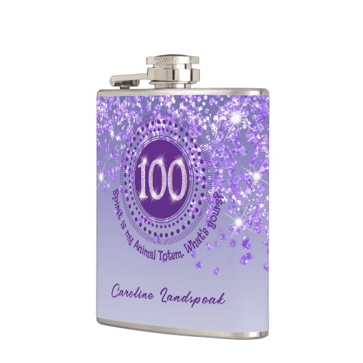 100th & Purple Glitter & Drinking Quote フラスク (左)