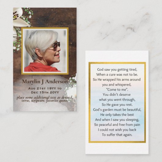 100xカラ素朴リリー写真祈りの言葉メモリアルカード 名刺 (正面/裏面)