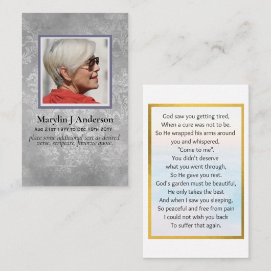 100xシルバーエレガントダマスク写真祈りの言葉記念碑 名刺 (正面/裏面)