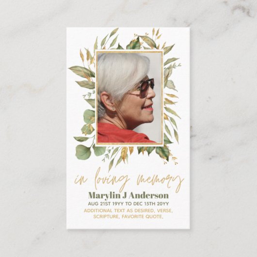 100xバジェット緑の写真悔やみや弔慰葬儀祈りの言葉 名刺 (正面)