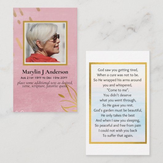 100xピンクエレガント金ゴールドフォト祈りの言葉メモリアルカード 名刺 (正面/裏面)