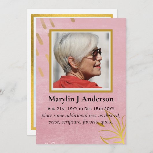 100xピンクエレガント金ゴールドフォト祈りの言葉メモリアルカード 招待状 (正面/裏面)