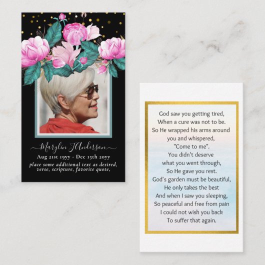 100xピンクブラックフローラフォト祈りの言葉メモリアルカード 名刺 (正面/裏面)