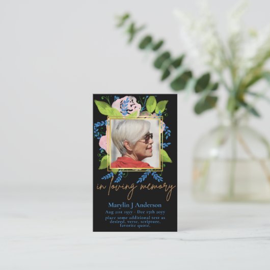 100xブルーかわいらしフローラフォト祈りの言葉メモリアルカード 名刺 (スタンド正面)