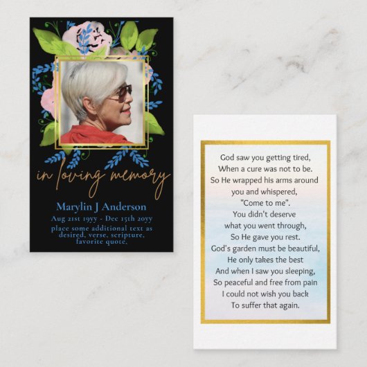 100xブルーかわいらしフローラフォト祈りの言葉メモリアルカード 名刺 (正面/裏面)