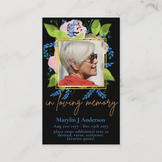 100xブルーかわいらしフローラフォト祈りの言葉メモリアルカード 名刺 (正面)