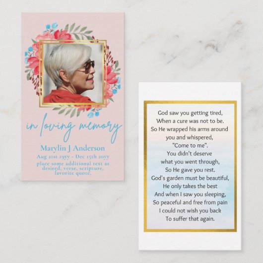 100xブルーピーチフローラ写真祈りの言葉メモリアルカード 名刺 (正面/裏面)